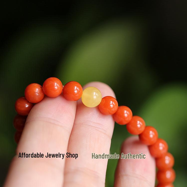 Премиальный женский браслет-нить из южного красного агата Ляншань, Сычуань, с янтарем