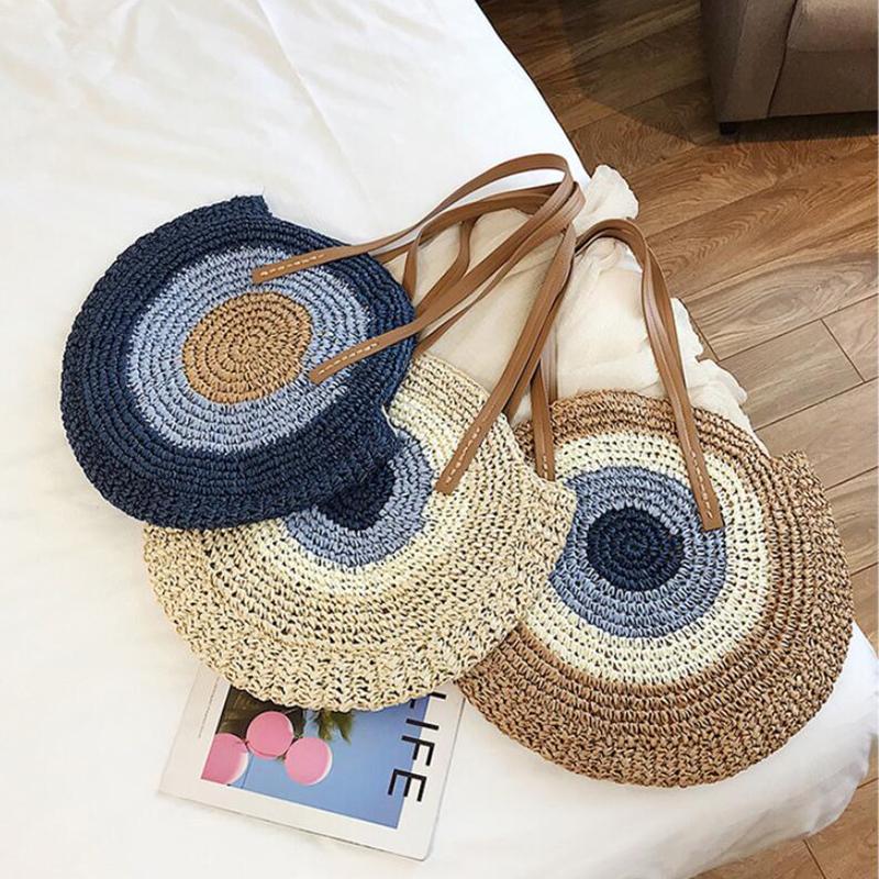 Round Women Handbag Handmade Shoulder Bag Bohemian Summer Beach Bags Woven Straw Bag Large Capacity Female Travel Tote