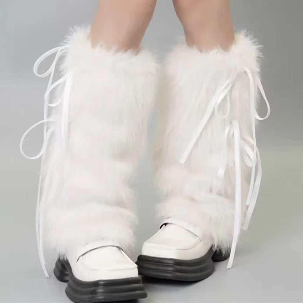 Fuzzy Plush Boot Cuffs Bowknot Ribbon Plush Stockings JK Boot Cover  Sweet Harajuku Style