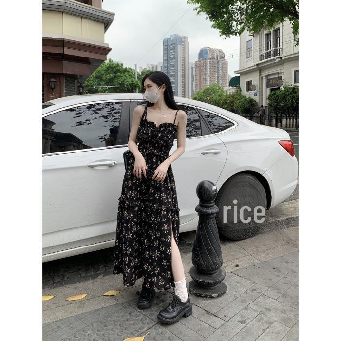 Летнее платье из шифона с цветочным принтом для женщин - дизайн 2025 года с утягивающей талией, разрезом и квадратным вырезом горловины