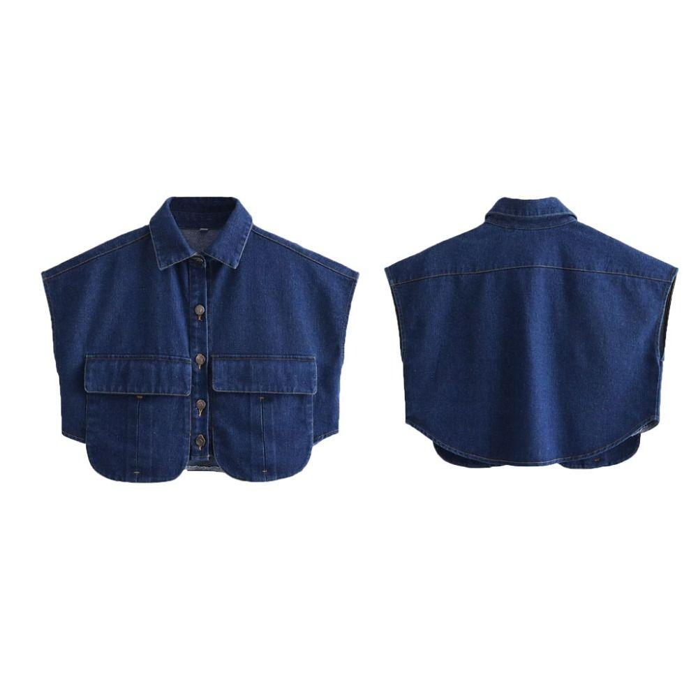 Patchwork Cropped Denim Shirt with Large Pocket Loose Denim Shirts  Commuting Tops