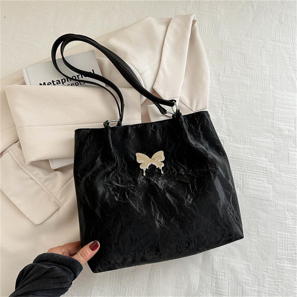 Trendy Pu Leather Underarm Tote Bag Solid Color Zipper Sweet Shoulder Bag Butterfly Pattern Korean Style Luxury Handbag Female