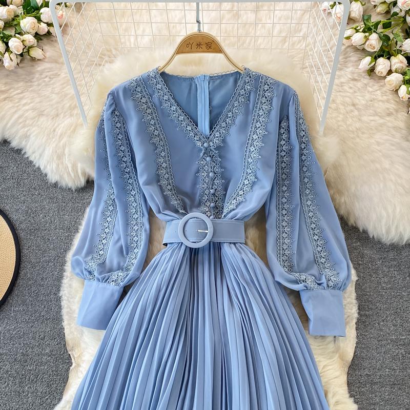 RUGOD Плиссированное платье с v-образным вырезом и вышивкой на талии в этническом стиле, темпераментное большое распашное платье