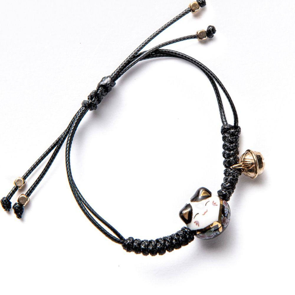 Ceramic Cat Pendant Chinese Style Jewelry Red Braided Rope Women Hand Ring Maneki Neko Bracelet