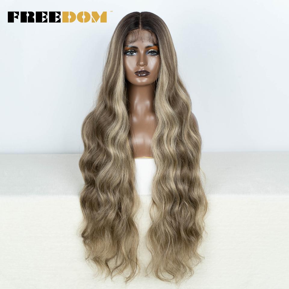 FREEDOM Synthetic Lace Front Wig 36 inch Body Wave Wigs For Women Ombre Blonde Ginger Highlight Wig Long Wavy Cosplay Wigs