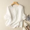 Women's Summer Embroidered Retro Cotton Linen T-Shirt - Breathable Short Sleeve Round Neck Top