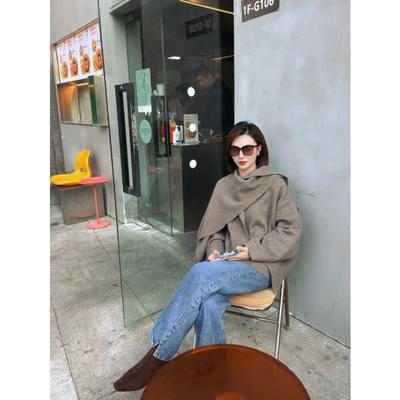 Элегантное женское пальто кейп в модном стиле на осень и зиму с круглым вырезом и длинными рукавами, повседневное короткое вязаное пальто