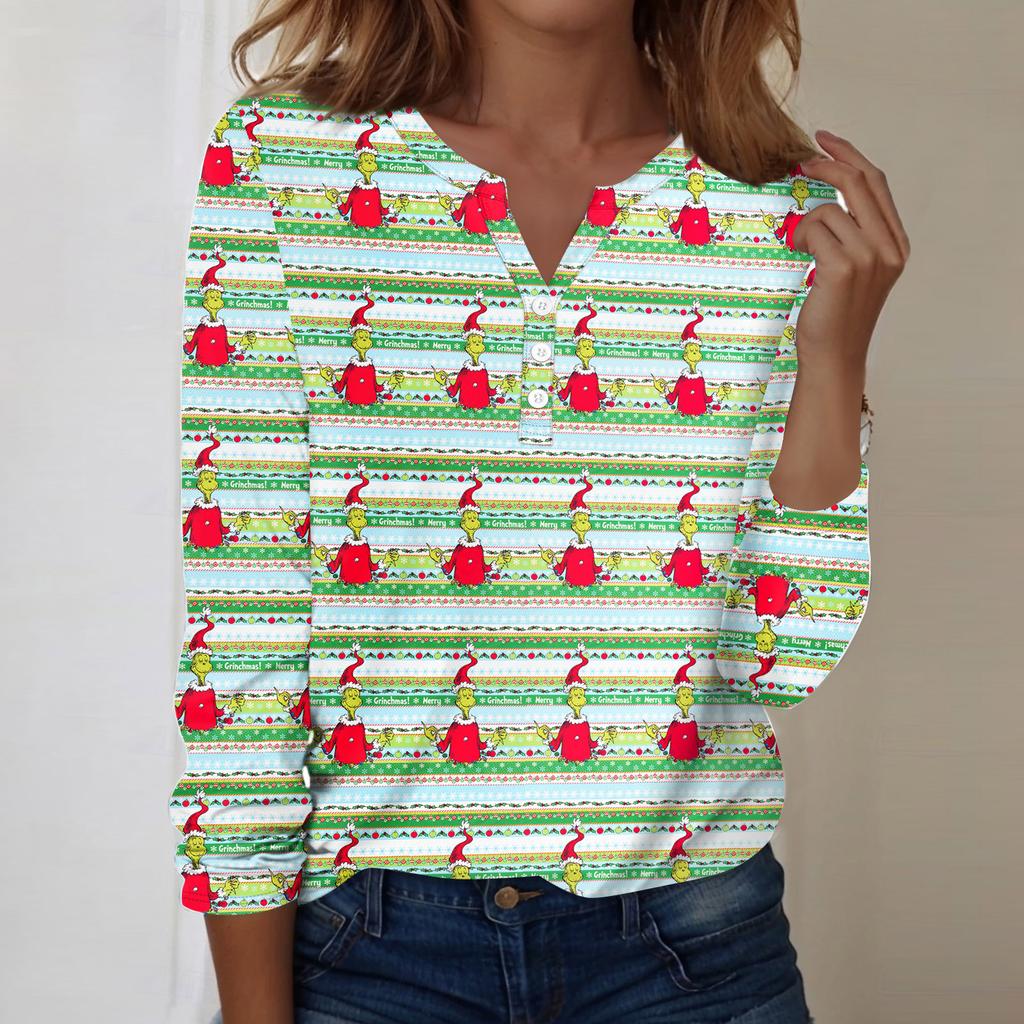 Женская модная повседневная блузка с V-образным вырезом, длинным рукавом и декоративными пуговицами, с рождественским принтом