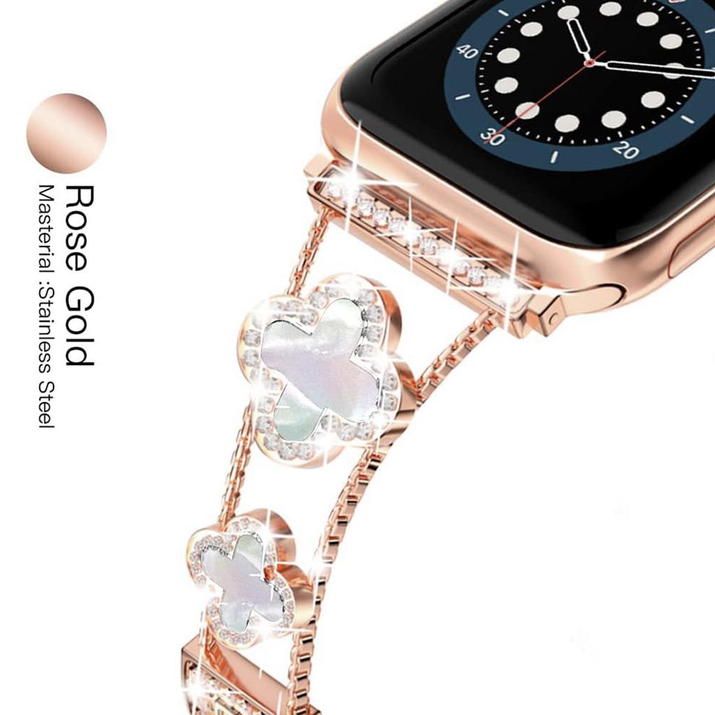 Luxury Style Four-leaf Clover Watch Band For Apple Watch metal with diamonds For iWatch watch bands, high-end luxury Design