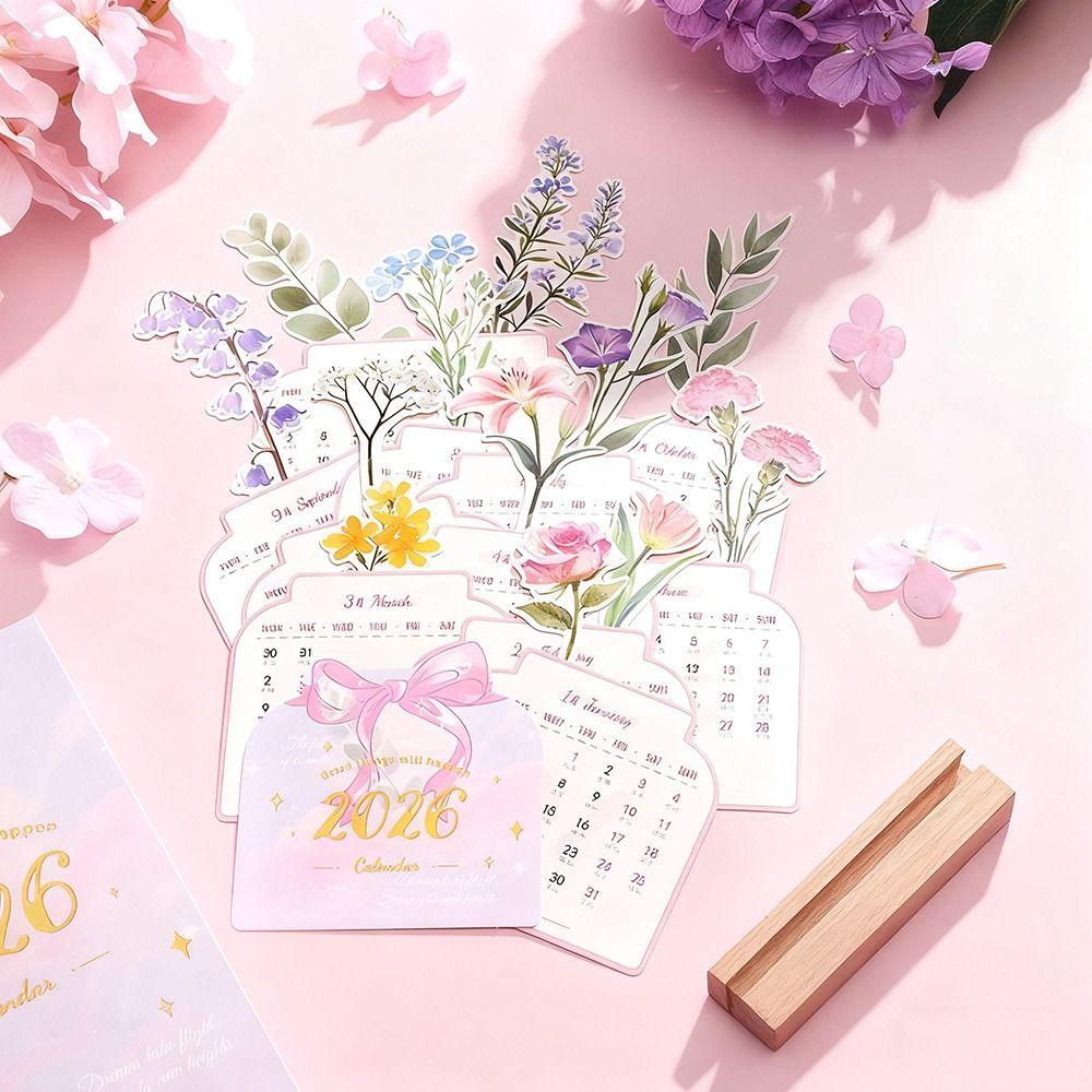 Detachable Base Bloomy Flowers Desk Calendar Wooden Base Monthly Planner for Table Desk Decor