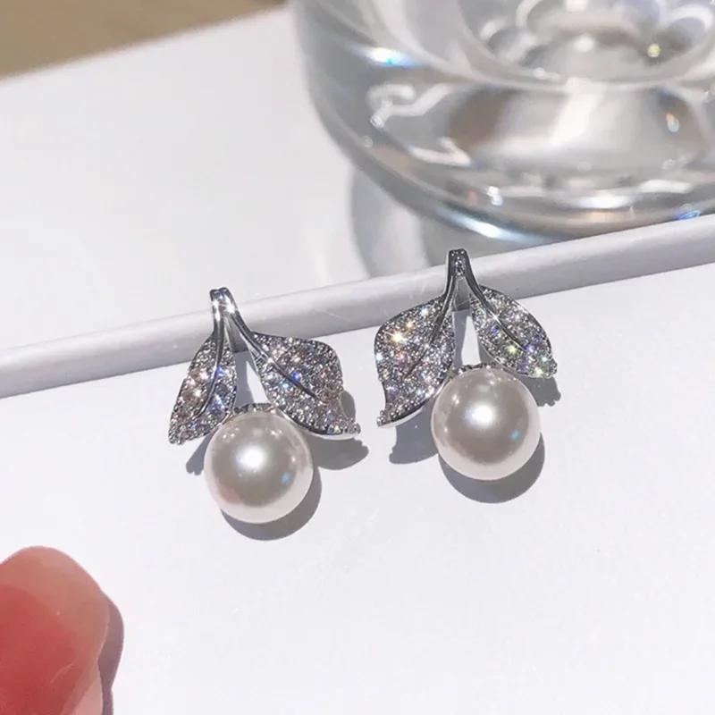 New High End Pearl Zircon Leaf Earrings For Women'S Daily Wear, Fashionable, Elegant, Light Luxury Jewelry Accessories
