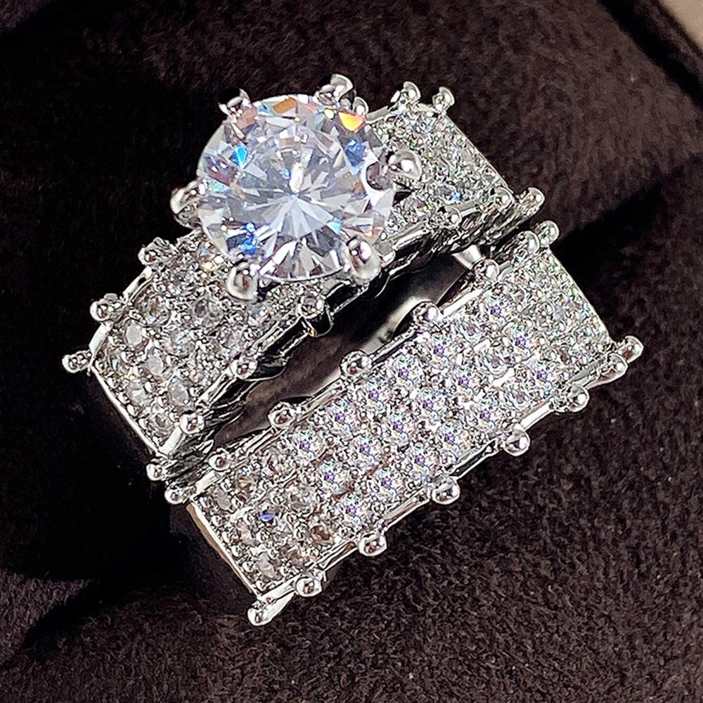 Shining Double-Layer Women'S Ring, High-End Zircon Platinum-Plated Luxury Wedding Ring, Dinner Bridal Jewelry