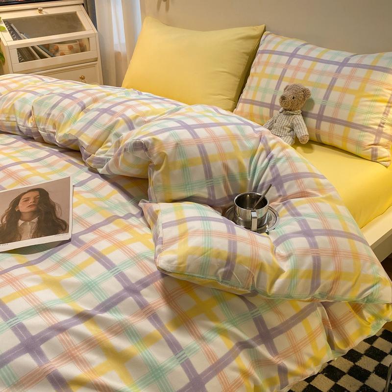 Простыня в клетку из четырех предметов и пододеяльник в японском стиле в скандинавском стиле, набор из трех предметов из стираного хлопка с начесом