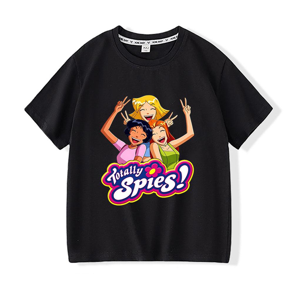 Детская футболка с мультяшным принтом "Totally Spies", 100% хлопок, уличная одежда, для мальчиков и девочек, с коротким рукавом, повседневная, летняя, для малышей.