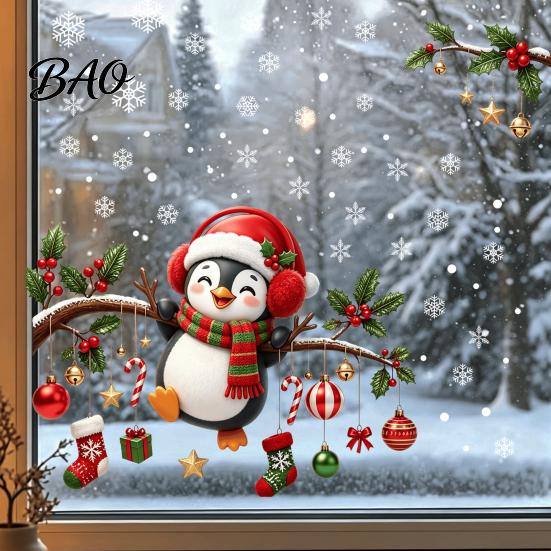 Winter Theme Window Ornaments Christmas Static Cling, Penguin Decal with Holly Baubles Snowflakes, Atmosphere Decor Festive for Home Living