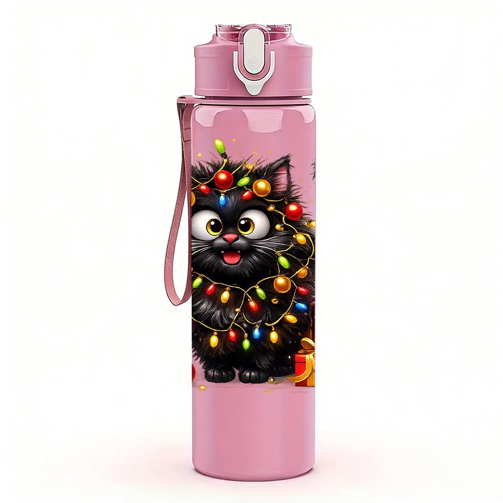 1PC Festive Gift Box Black Cat Cartoon Print 750ml Color Plastic Sports Water Bottle Leakproof Flip Straw Lid Suitable for Sports Office Home Use