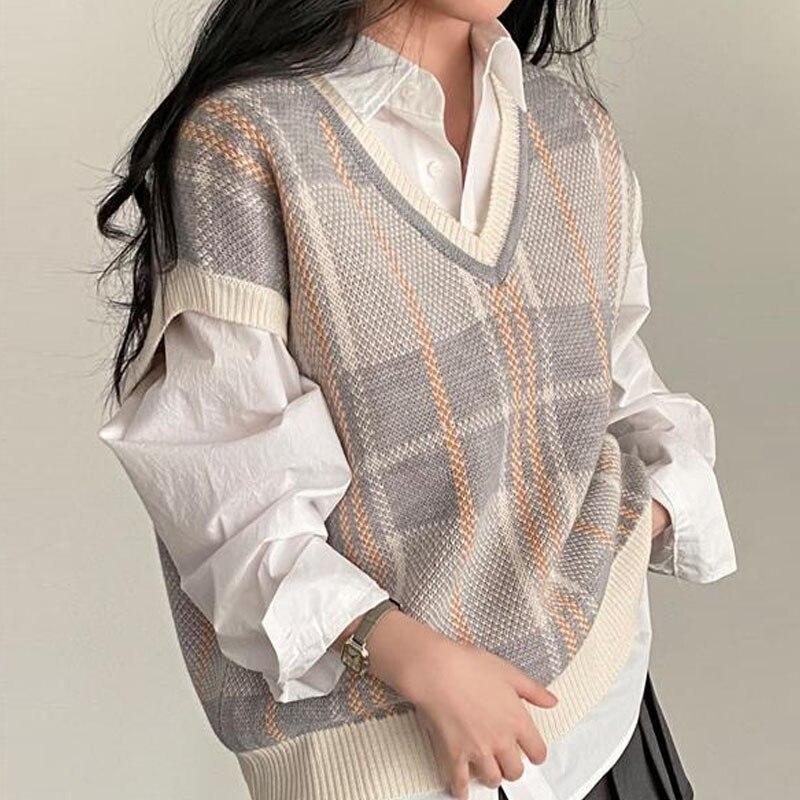 Винтажный клетчатый свитер с v-образным вырезом, жилет, женский осенне-зимний винтажный вязаный свитер, пуловер, свободный корейский трикотаж, топы Pull Femme 23875