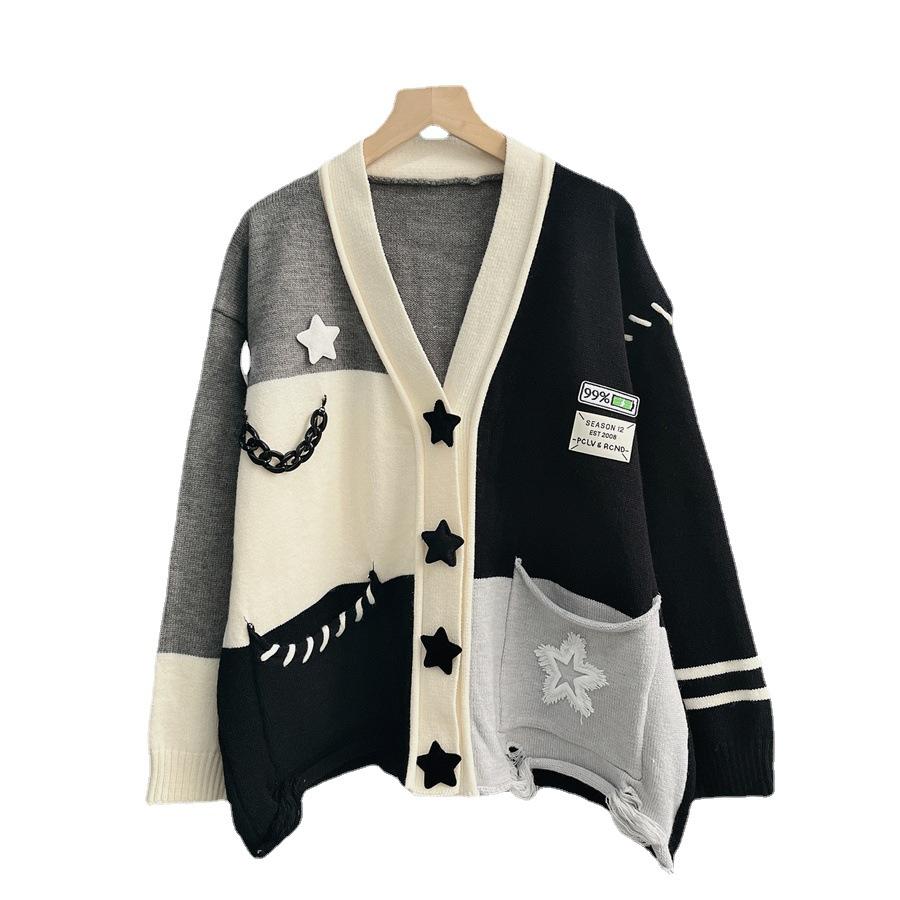 Autumn and Winter Women's Sweater Stars Heavy Splicing Color Collision Soft Knitted Cardigan Lazy Wind Sweater