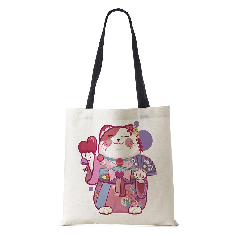 Cat Cartoon Shoulder Bag 2022 Japanese Shopping Reusable Canvas Tote Bag Women High Capacity Simple Casual Folding Handbag KTY