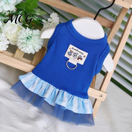 Layered Pet Clothing Sleeveless Ribbed Dress, Ultramarine Blue Cute Dog Striped Skirt Lightweight Dress Girl Doggie Clothes for Small Medium
