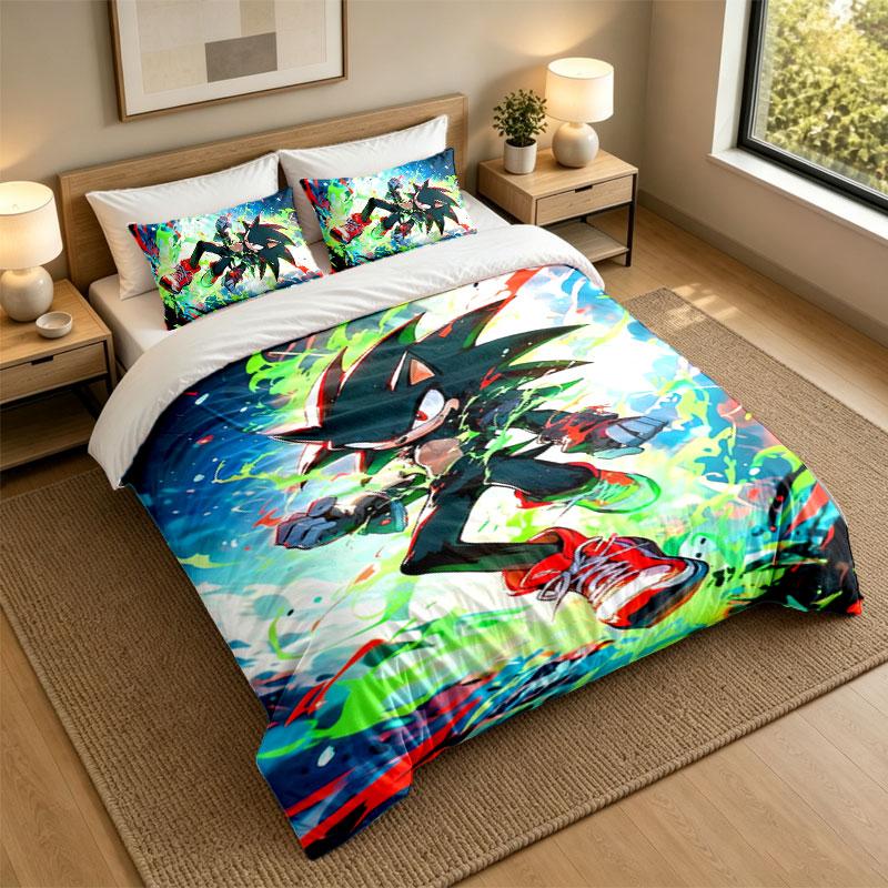 3Pcs Bedding SetShadow the Hedgehog Soft Bed Sheet and Two Pillowcases Home Bedroom Decor