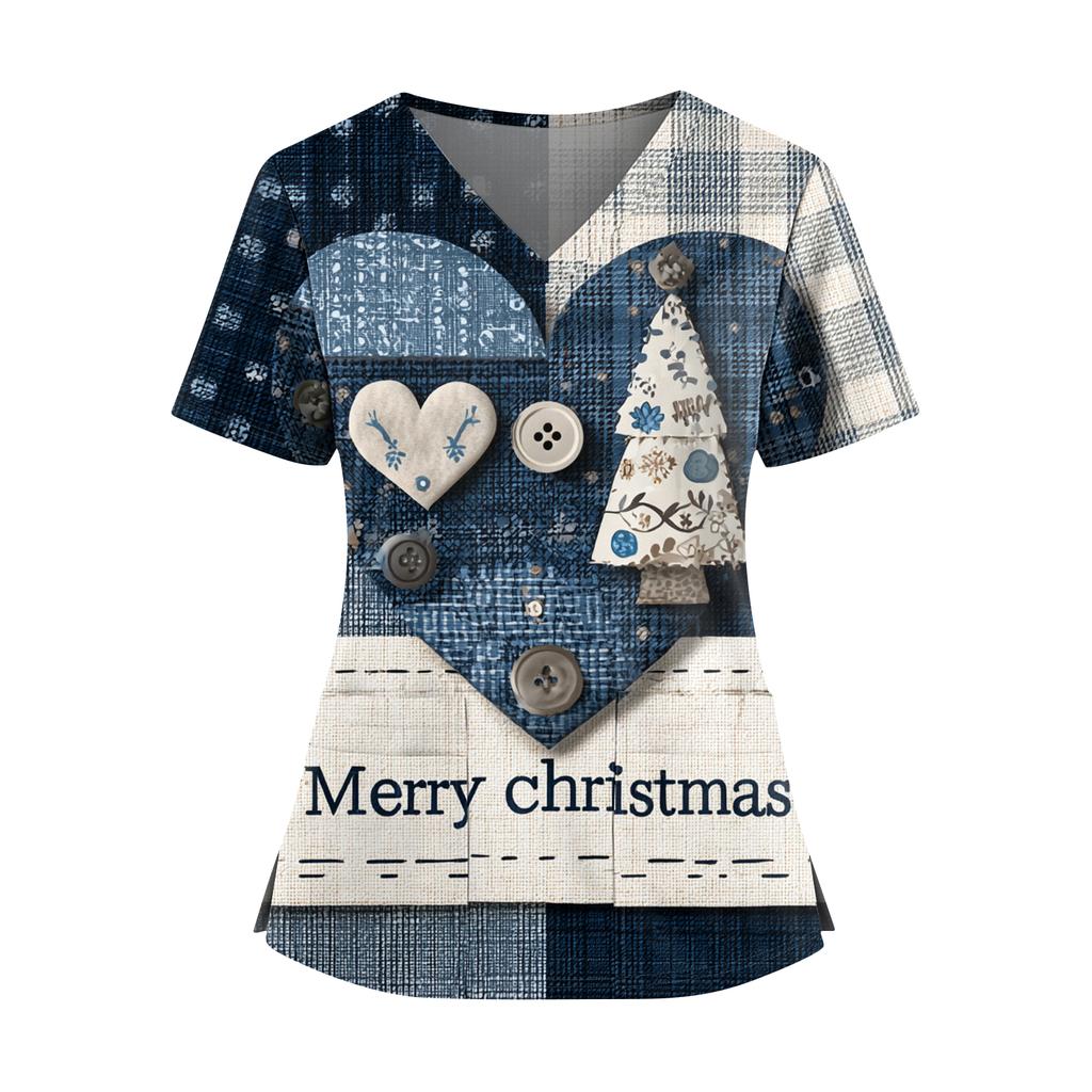 Women's Christmas Print V-Neck Double Pocket Short Sleeves Hem Slit Uniform And Caregiver Top