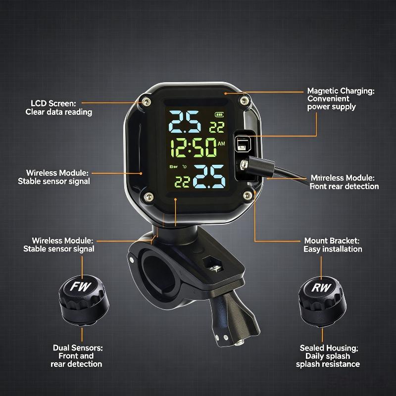 Wireless Motorcycle & E-Bike TPMS Tire Pressure Monitor System Real-Time Alarm for Scooter Electric Vehicle