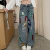 Модные красочные рваные джинсы с рисунком каракули, женские узкие прямые брюки с высокой талией, широкие брюки, женские винтажные синие повседневные джинсовые брюки, женские 24247