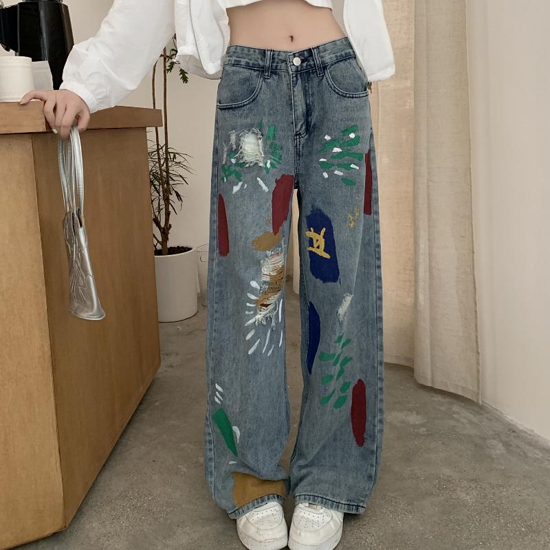Модные красочные рваные джинсы с рисунком каракули, женские узкие прямые брюки с высокой талией, широкие брюки, женские винтажные синие повседневные джинсовые брюки, женские 24247