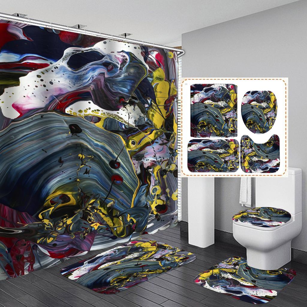 4Pcs Luxury Marble Shower Curtain Sets Bathroom Decor Sets with 12 Hooks Bath Mat Toilet Lid Rug and Non-Slip U Shape Mat