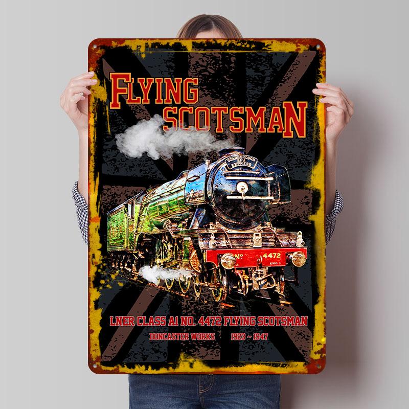 Паровоз Flying Scotsman Английская жестяная табличка Постер Индивидуальное настенное искусство Ретро Винтажные металлические знаки для мужской комнаты Декор Мужчины