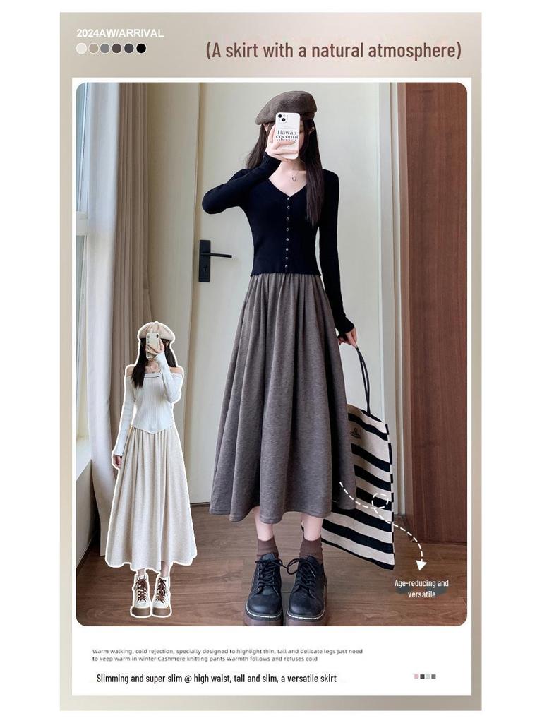 Women's H560 High Waist A-Line Gray Knit Skirt - Slim Fit, Long Umbrella Style for Spring and Autumn