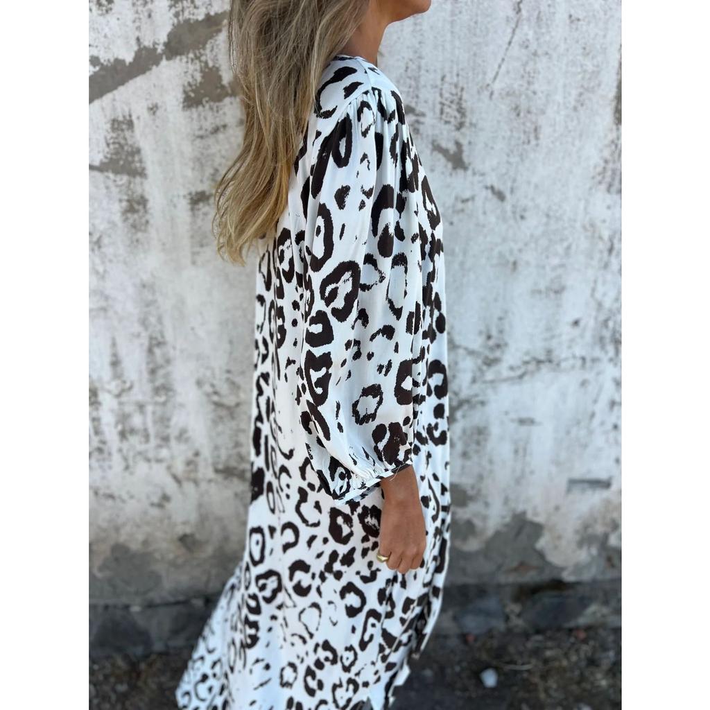 IHUASU Весна-лето с длинным рукавом и принтом леопарда, свободное платье с V-образным вырезом для женщин