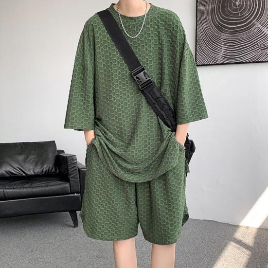 2Pcs/Set Men Casual Outfit O-neck Short Sleeve T-shirt Elastic Waist Pockets Design Wide Leg Shorts Set Solid