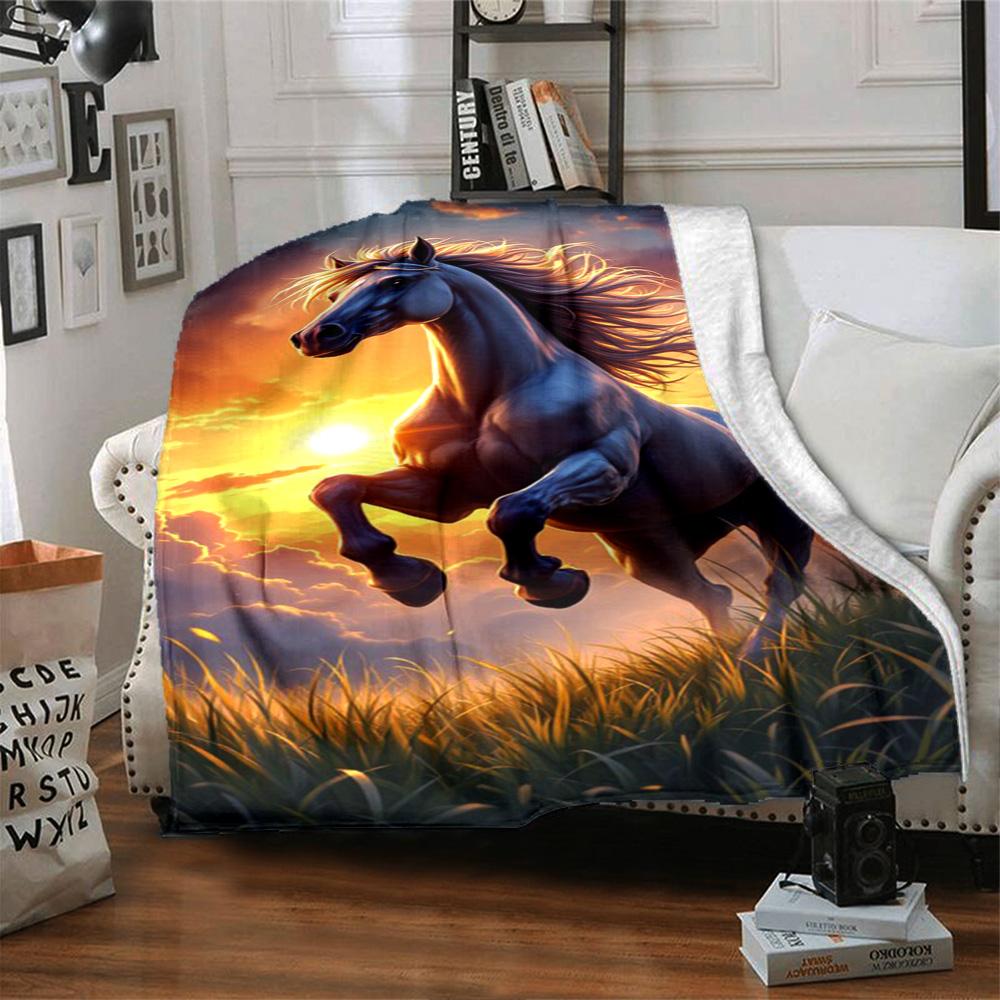 Galloping Black Horse Sunset Golden Grassland Print Flannel Blanket Wildlife Animal Throw Blanket Soft Cozy Home Sofa Bed Decor
