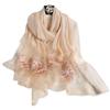 Mulberry Silk Scarf Chiffon Scarf for Women Beaded Embroidery Floral Transparent Tulle Lightweight Soft Long Muffler Sunscreen Shawl Stole Spring