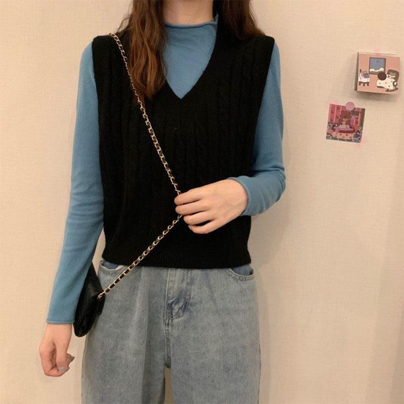 Loose V-neck Knitted Vest Women Spring Autumn and Winter Solid Color Twist All-match Waistcoat Sweater Vest