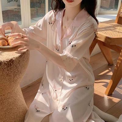Ветер Осень Ледяной шелк Простая Тонкая Пижама Женская С короткими рукавами Милая Домашняя одежда Ночная рубашка Домашняя одежда