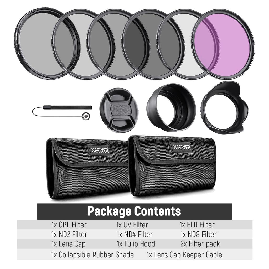 NEEWER 37mm ND Filter Set Filters with Rubber Lens Cap Compatible with DSLR Cameras and Universal 37mm Cameras UV/CPL/FLD/ND2/ND4/ND8 Hood/Lens