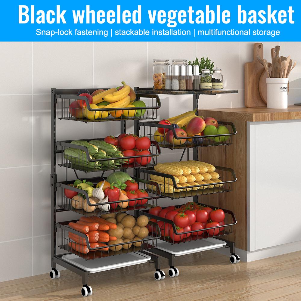 4-Tier Kitchen Carts On Wheels Adjustable Metal Large Capacity Fruit Vegetable Storage Basket