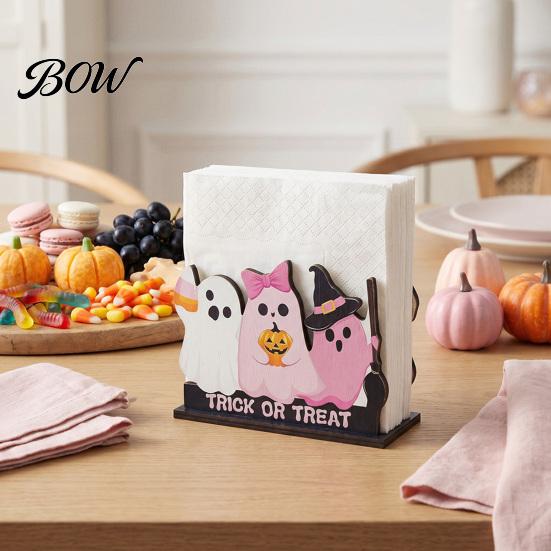 Autumn Themed Table Centerpiece Halloween Wooden Napkin Holder, Ghost Pumpkin Tabletop Decor for Kitchen Dining Room, Functional Holiday Gadget Spooky