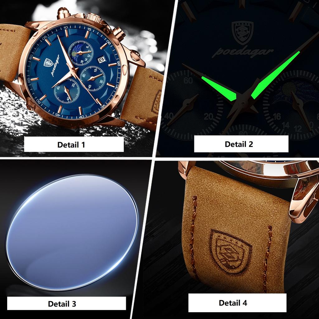 Новейшие модные спортивные часы, многофункциональные стрелки, водонепроницаемый светящийся кожаный ремешок, три дисплея с календарем, роскошные мужские часы
