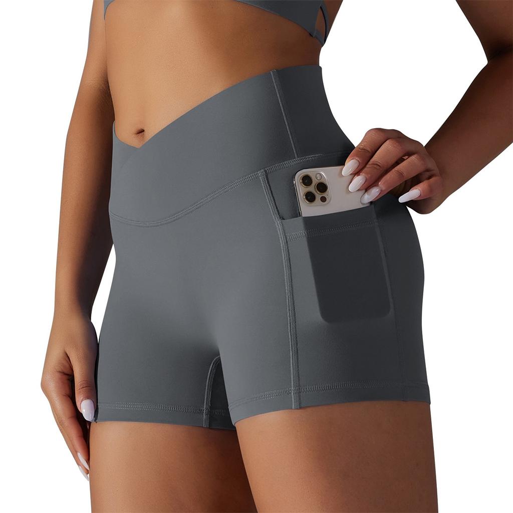 Women's Summer Cross V Waist Pocket Fitness Yoga Shorts Exercise Three Pants
