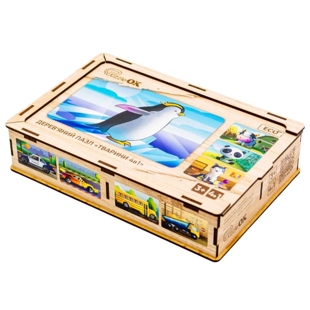 Drewniane Puzzle 4W1 Zwierzęta Układanka Zestaw Krówka Piesek Panda Pingwin Puz-10369