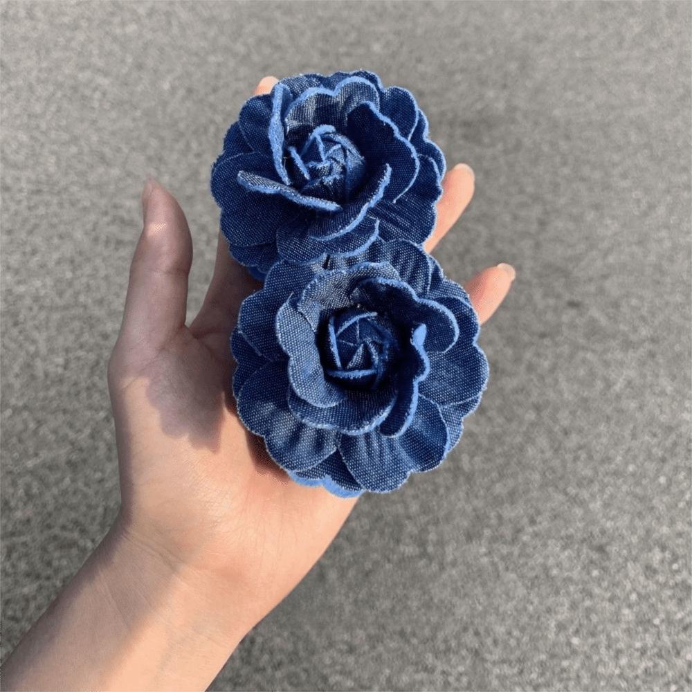 Denim Blue Women Vertical Clip Camellia Floral Twisted Hair Clip Flower Banana Clips Daily