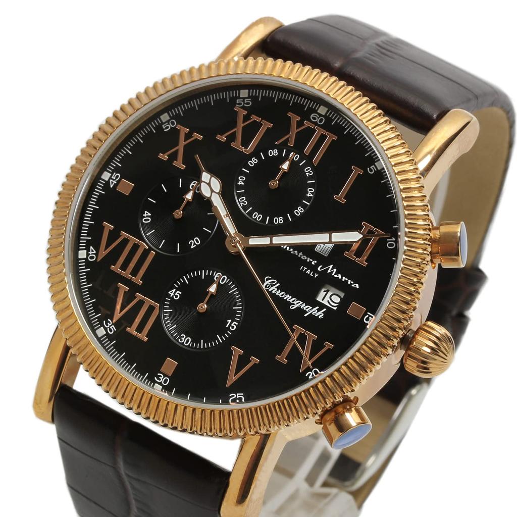 Часы-хронограф с кожаным ремешком, водонепроницаемость 5 АТМ, черный, розовое золото [Salvatore Mara], мужские SM19109-PGBK2