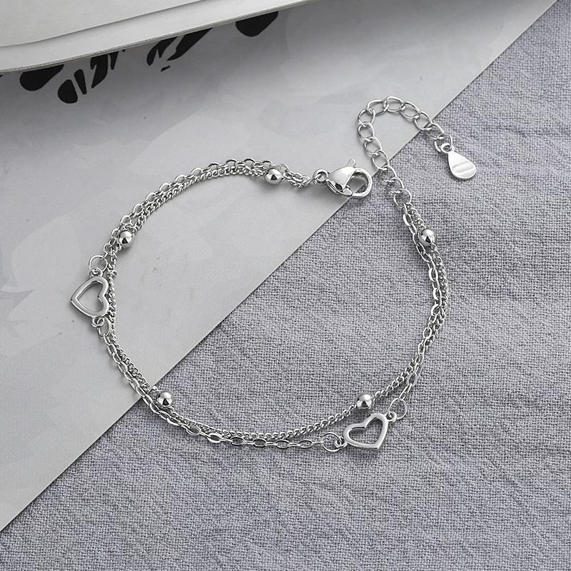 925 Sterling Silver Double Love Heart Hollow Round Beads Bracelet Female Fashion Romantic Jewelry Classic