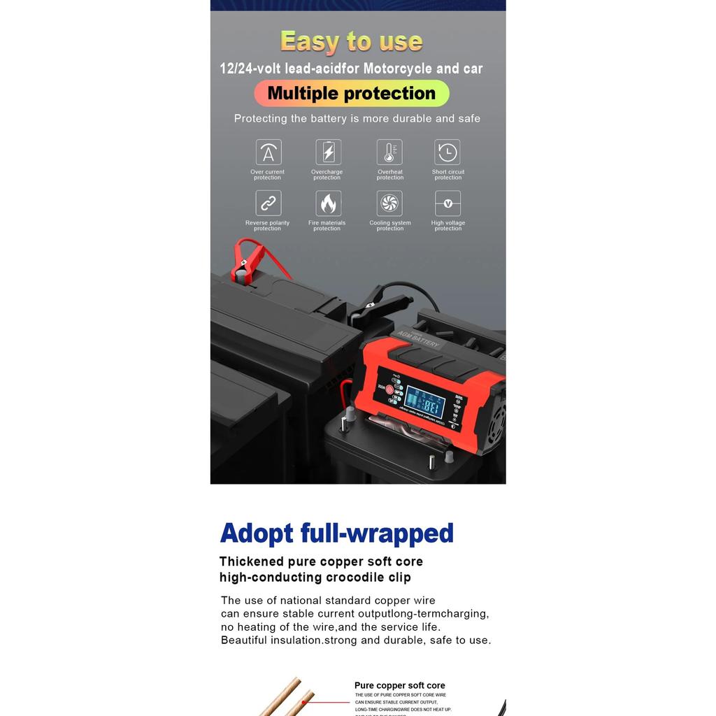 Зарядное устройство для аккумуляторов 24 В 5 А 12 В 10 А, умная быстрая зарядка для автомобильных аккумуляторов, 7-ступенчатый импульсный заряд, ремонт для AGM GEL WET свинцово-кислотных аккумуляторов