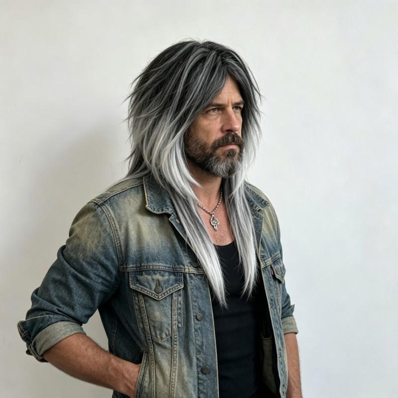 Mens Vintage Punk Medium Wig Cosplay Middle Part Black White Gradient Synthetic Hair
