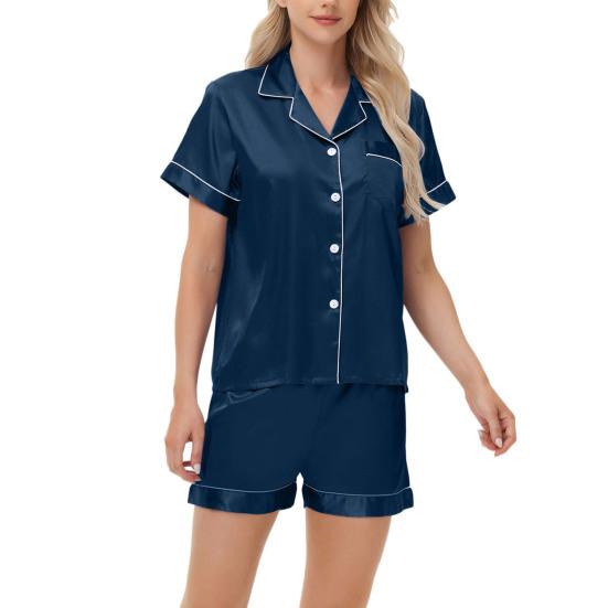 2 Pcs/Set Pajamas Suit Satin Single-breasted Cardigan Shirt V Neck Notch Collar Solid Color Shirt